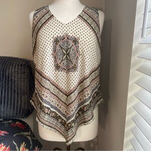 Heart Soul Bandana Print Scarf Cut Sleeveless Cream Tan Pink Black Tank M Medium